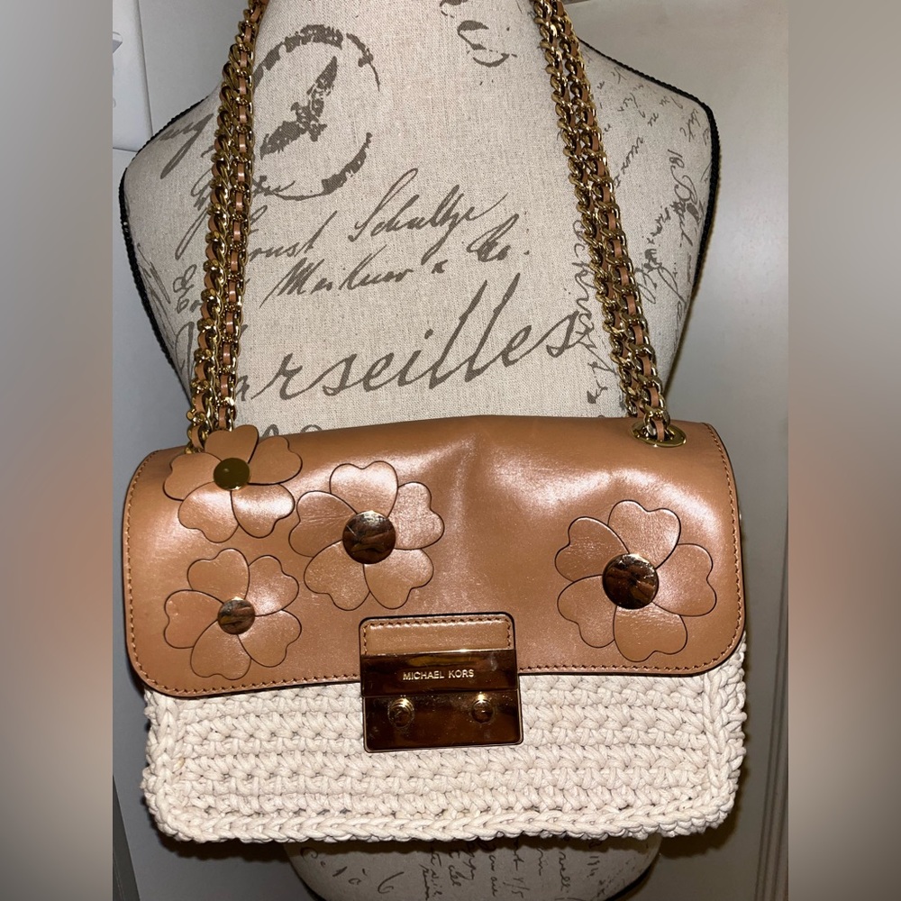MICHAEL KORS Flora Appliqué Sloan Crochet and Leather Bag